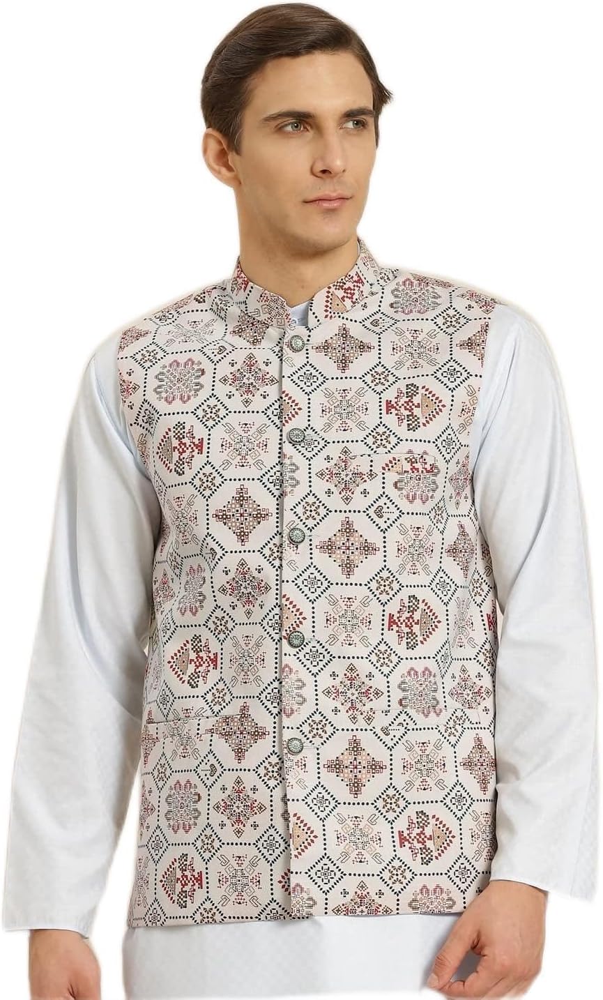 Sojanya (Since 1958 Men'S Cotton Linen Printeded Indian Traditional Ethnic Dresses Only Nehru Jacket