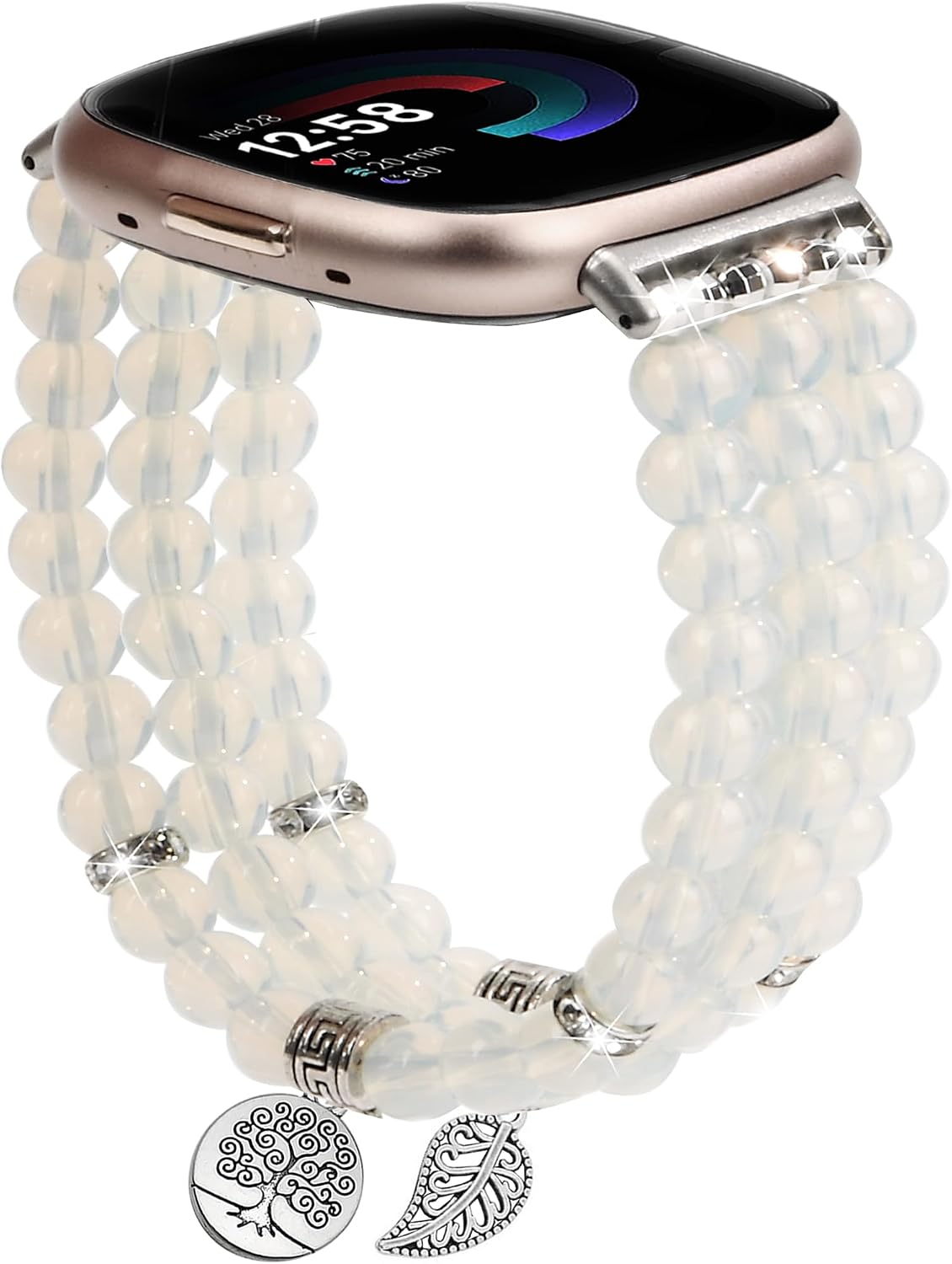 AWSMOR Beaded Band Compatible with Fitbit Versa 4/Versa 3 Bands/Fitbit Sense 2/Sense Bands for Women, Handmade Crystal Beads Stretchy Watch Bracelet for Versa 4