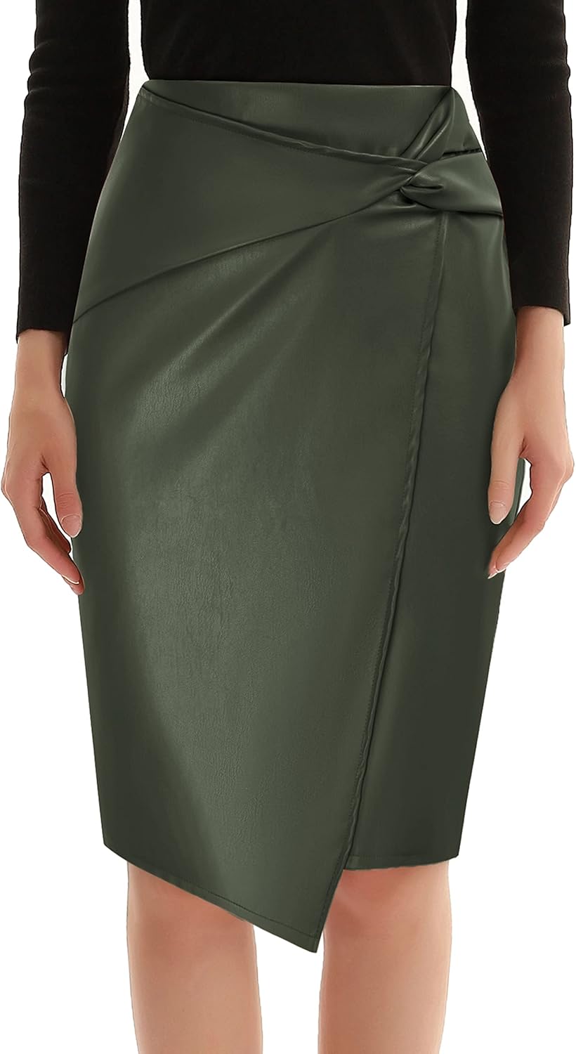 Kate Kasin Women's Faux Leather High Waist Wrap Knit Bodycon Midi Skirt for Business Casual Pencil Skirt - Image 2