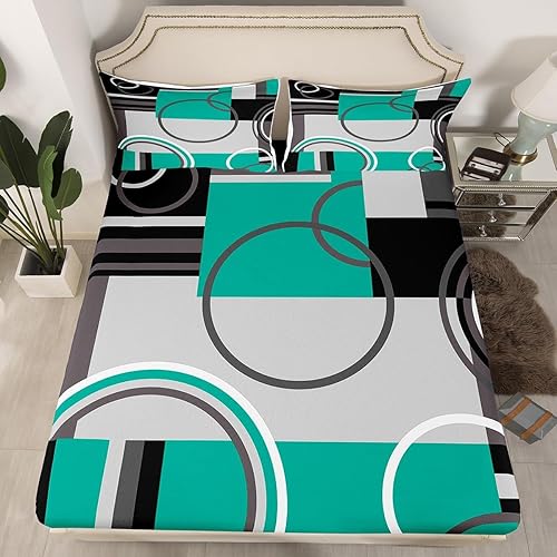 Vista 24 de Juego de sábanas modernas de tamaño Queen, color amarillo, gris y negro, juego de sábanas geométricas a rayas para niños, niñas, niños y Multi 039