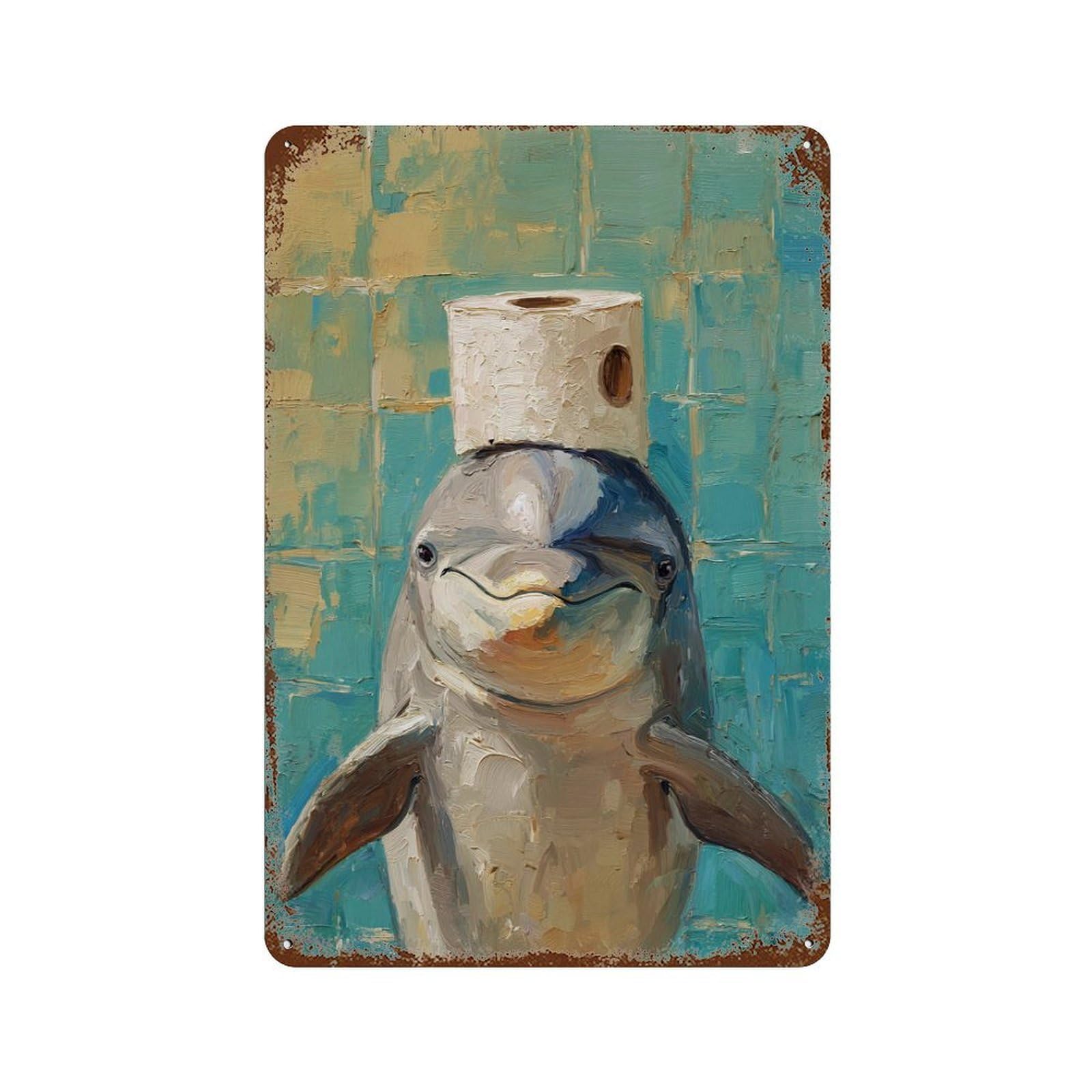 Distressed Metal Wall Sign with Dolphin with Toilet Paper Roll on Head Design 11.8"x7.9", for Shed, Workshop And Garage Wall Decor, Decorative Metal Wall Art