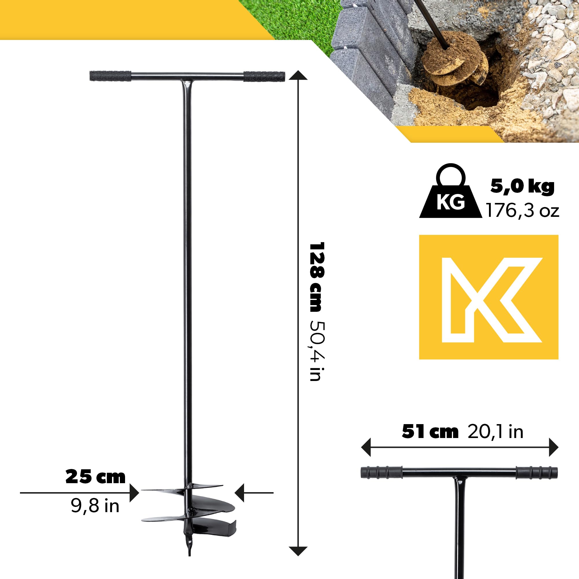 KADAX Trivella Manuale con Manico Antiscivolo per Installazione di Recinzioni e Pali, Trivella a Mano in Metallo per Trapano da Terreno (250 mm)