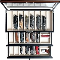Vista 1 de Pocket Knife Display Case for men collection holder 22-26 folding knife with Walnut Finish Three-Tier Knife organizer storage box with Real Glass