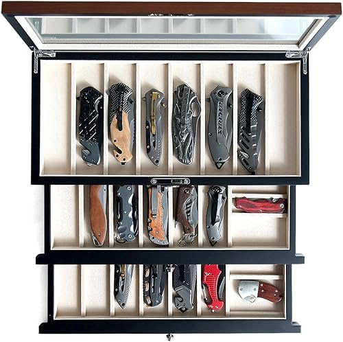 Besforu Vitrina de cuchillos de bolsillo para hombres, soporte de colección de 22-26 cuchillos plegables con acabado de nogal caja de almacenamiento
