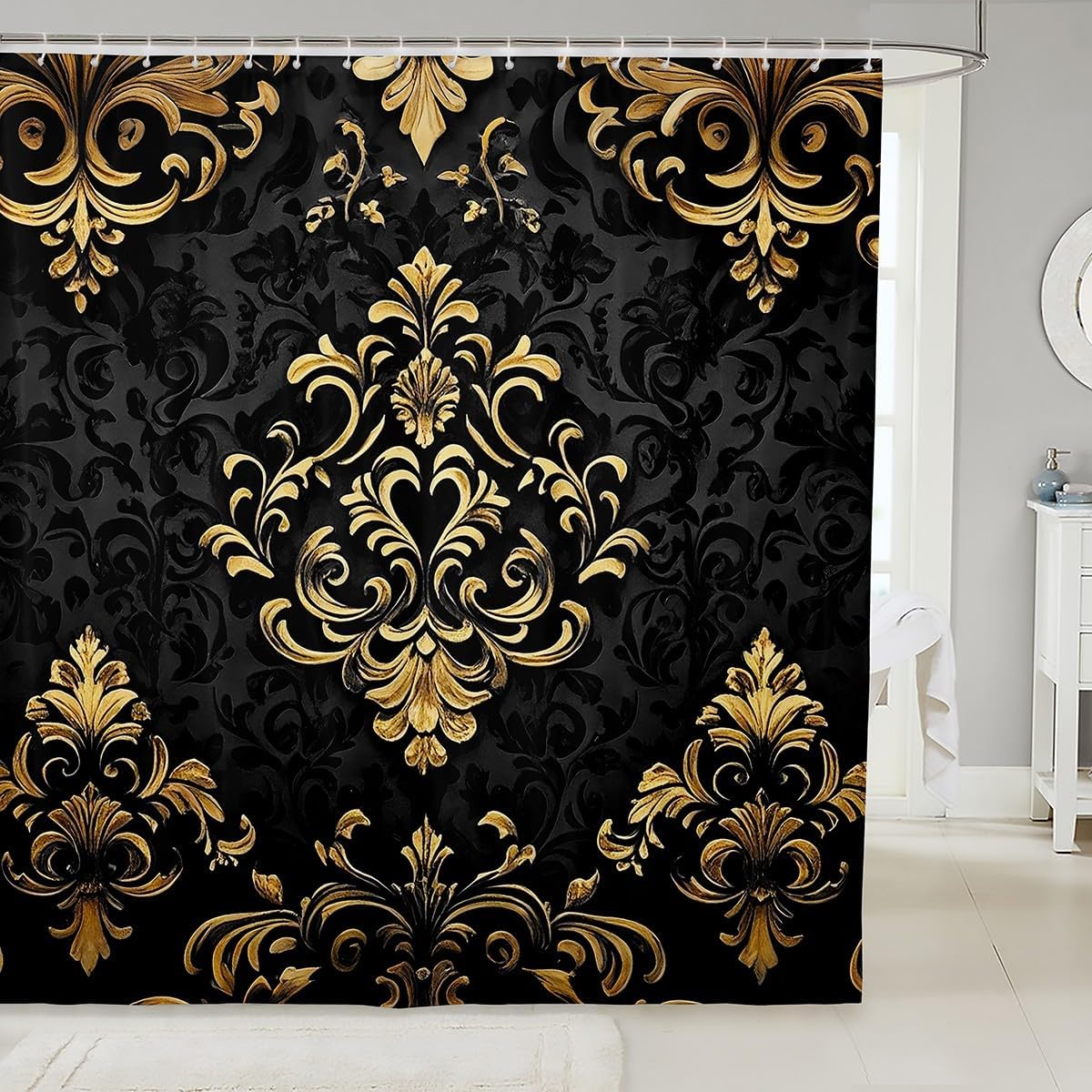Erosebridal Black Gold Gothic Bathroom Accessories 72" Wx78 L,Vintage Boho Damask Floral Bathroom Curtain,Bohemian Exotic Goth Shower Curtain Victorian Baroque Flower Shower Bathtub Decor