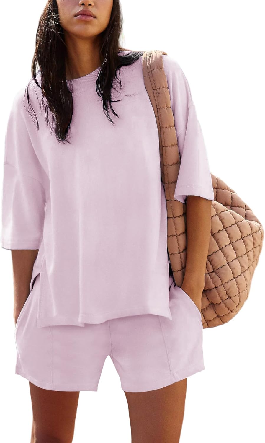 Womens Shorts Sets 2 Piece Outfits Summer 2026 Half Sleeve Crew Neck Lounge Sets Matching Clothing