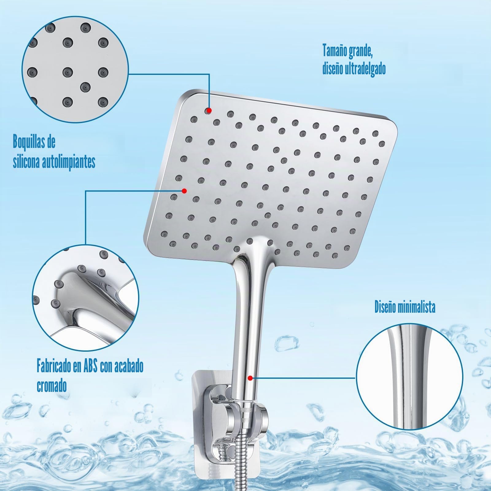 Ducha de Mano Grande, Duchas de Mano de Alta Presión Voolan, Ducha de Lluvia Cromada de 25cm con un Chorro lo Suficientemente Amplio Como Para Cubrir Todo el Cuerpo, Cuadrada