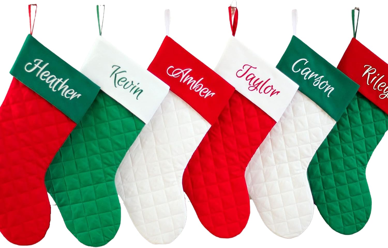 Personalized 19” Christmas Stocking Quilted Red, White and Kelly Green. 1 Custom Stocking with Name or Blank