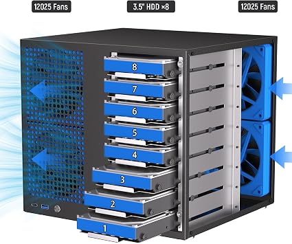 8 Bay NAS Case, Support MATX ITX Motherboard & ATX PSU, SATA & SAS HDD Compatible, 8x3.5 Hot-Swap + 2x2.5 SSD, Dual-Chamber NAS PC Case Support 4 Fans Mounting, Black