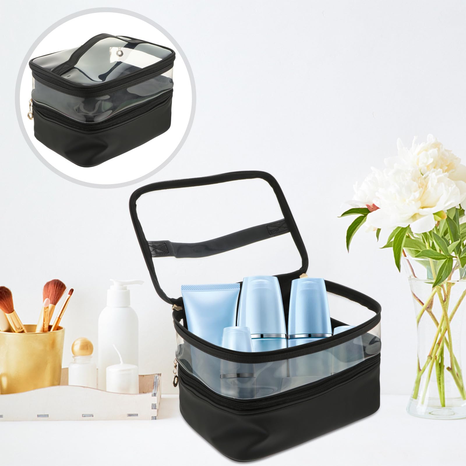 Lurrose Borsa Cosmetica Borsa da Toilette da Viaggio Doppio Strato in Pu e Plastica, Grande Capacità, Nera, per Viaggi di Lavoro e Uso Familiare