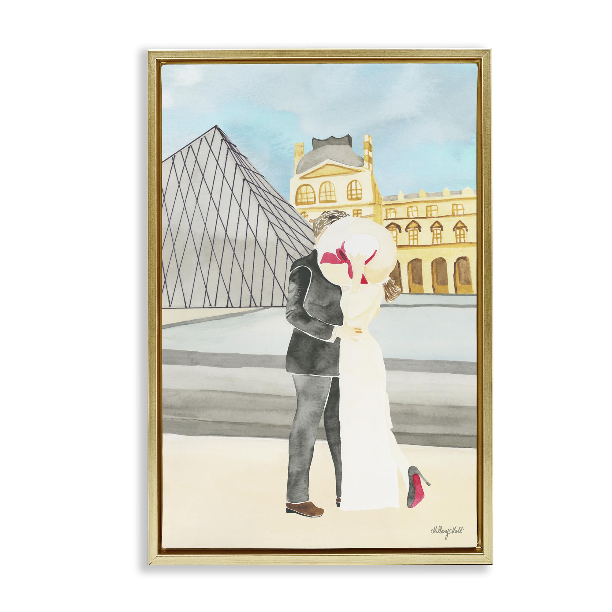 Stupell Industries Metallic Gold (Matte) 'Couple Embrace At The Louvre'| Floating Frame Canvas Art