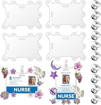 4 Pcs Badge Buddy Pin Holders with 10 Locking Pin Backs Not Badge Holders | Acrylic Pin Holder with 9 Holes, Compatible with Both Horizontal and Vertical ID Badges for Nurses, Students, Employees