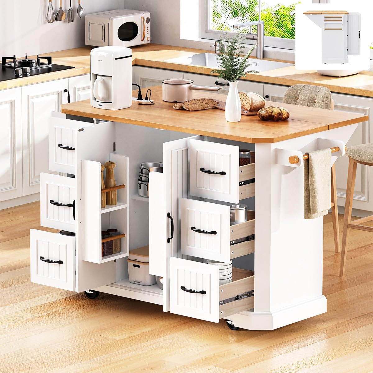 56" Mobile Kitchen Island with Drop Leaf and Power Outlet, Island Cart with 4 Door Shelves for Kitchen, Rolling Island with 6 Deep Drawers and 4 Wheels for Dining Room (White)