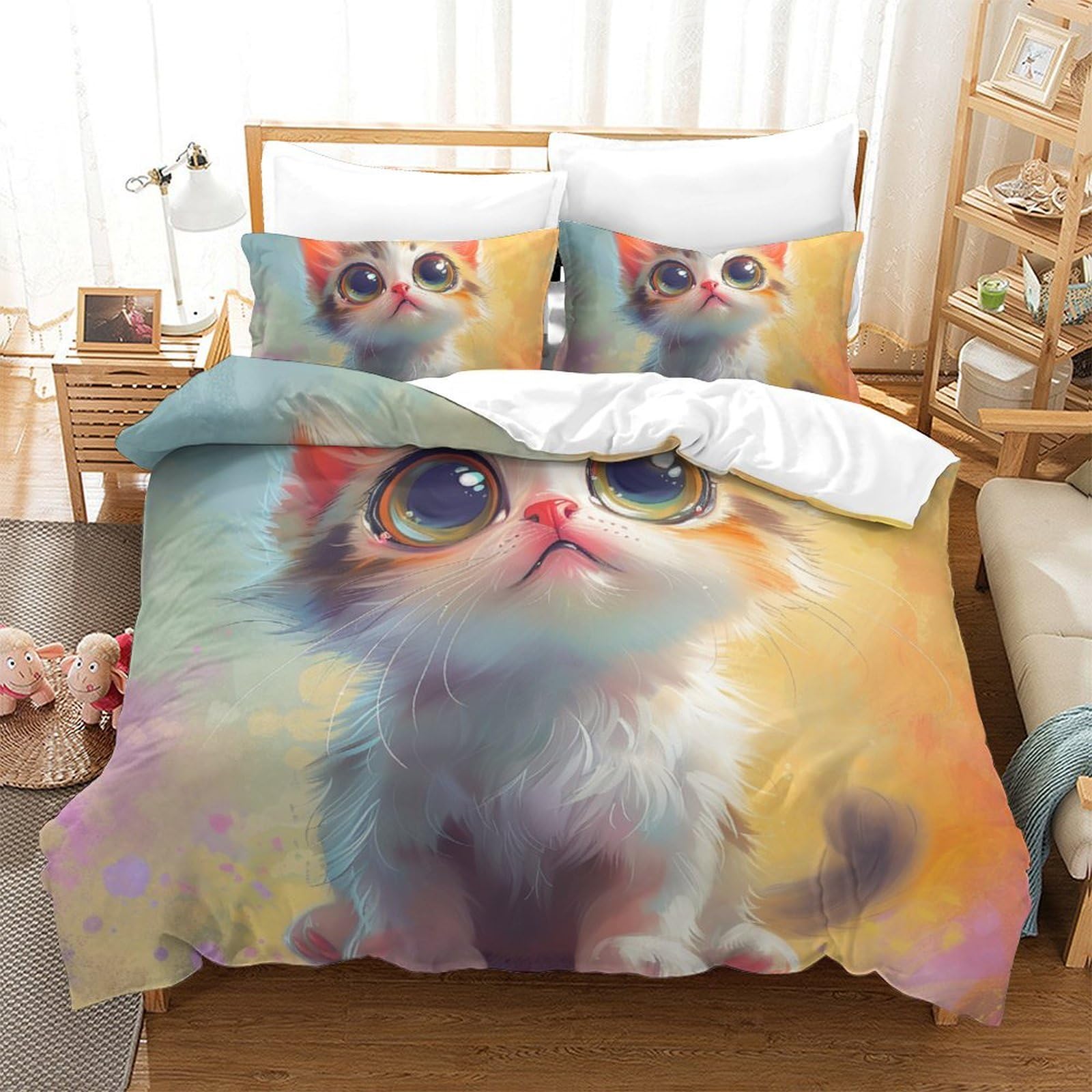 Housses de couettes chat 3D microfibre anti-plis pour grand lit adulte
