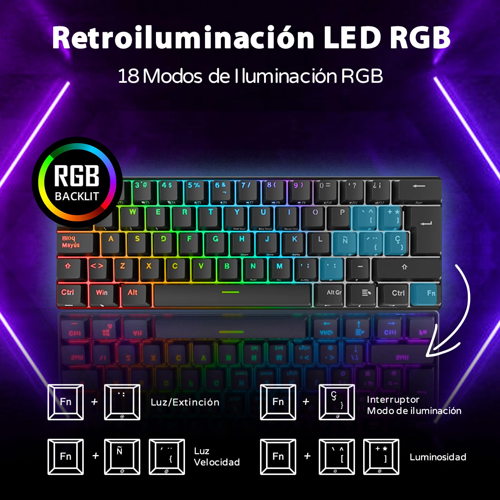 RK ROYAL KLUDGE RK61 Teclado Inalambrico, Español Teclado Mecánico Gaming 60% RGB Bluetooth/USB-C/2.4Ghz Interruptor Rojo Hot Swap Compatible con MacBook/iPad/iOS/Mac OX/Windows PC Tableta, Negro