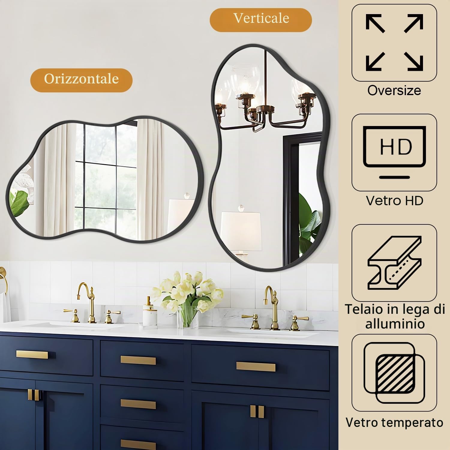 Specchio Asimmetrico da Parete Nero in Metallo con Cornice per Bagno Specchio Decorativo Irregulare, 40X65 CM Specchi Asimmetrici, Specchio per Toeletta in Stile Fattoria, Antiruggine, Vetro