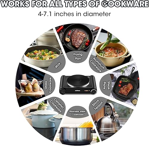 Miniatura 4 de Hot Plate,Cusimax Portable Electric Hot Plate for Cooking,1500W Countertop Single Burner, Cast Iron Stove, Concealed Handle, Temperature Controls,