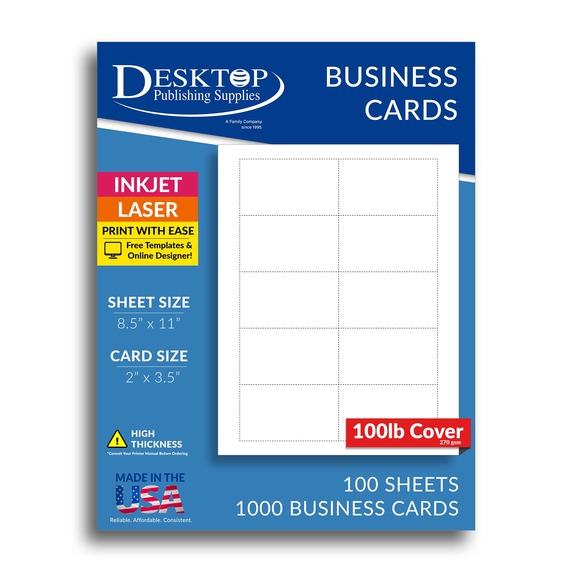 Extra Thick Heavyweight White Blank Business Card Paper - 100 Sheets / 1000 Business Cards - 100lb Cover / 270 gsm - Inkjet & Laser Printer Compatible