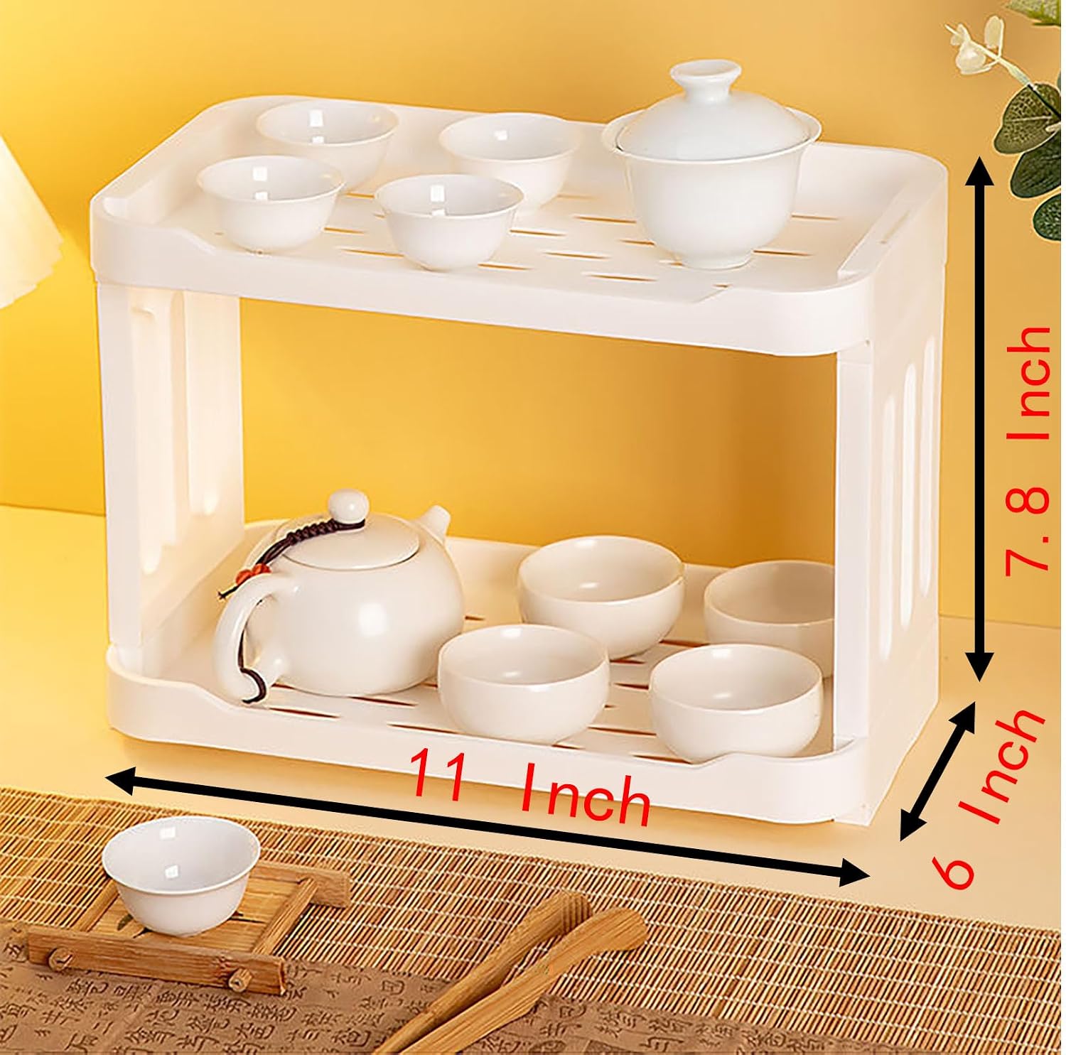 Kitchen and Bedroom Storage Rack, 11 Inch x 7.8 Inch x 6 Inch White 2 Layers Glass Shelf Place Cups, Tissue, Seasoning and Other Items (1 Pack)