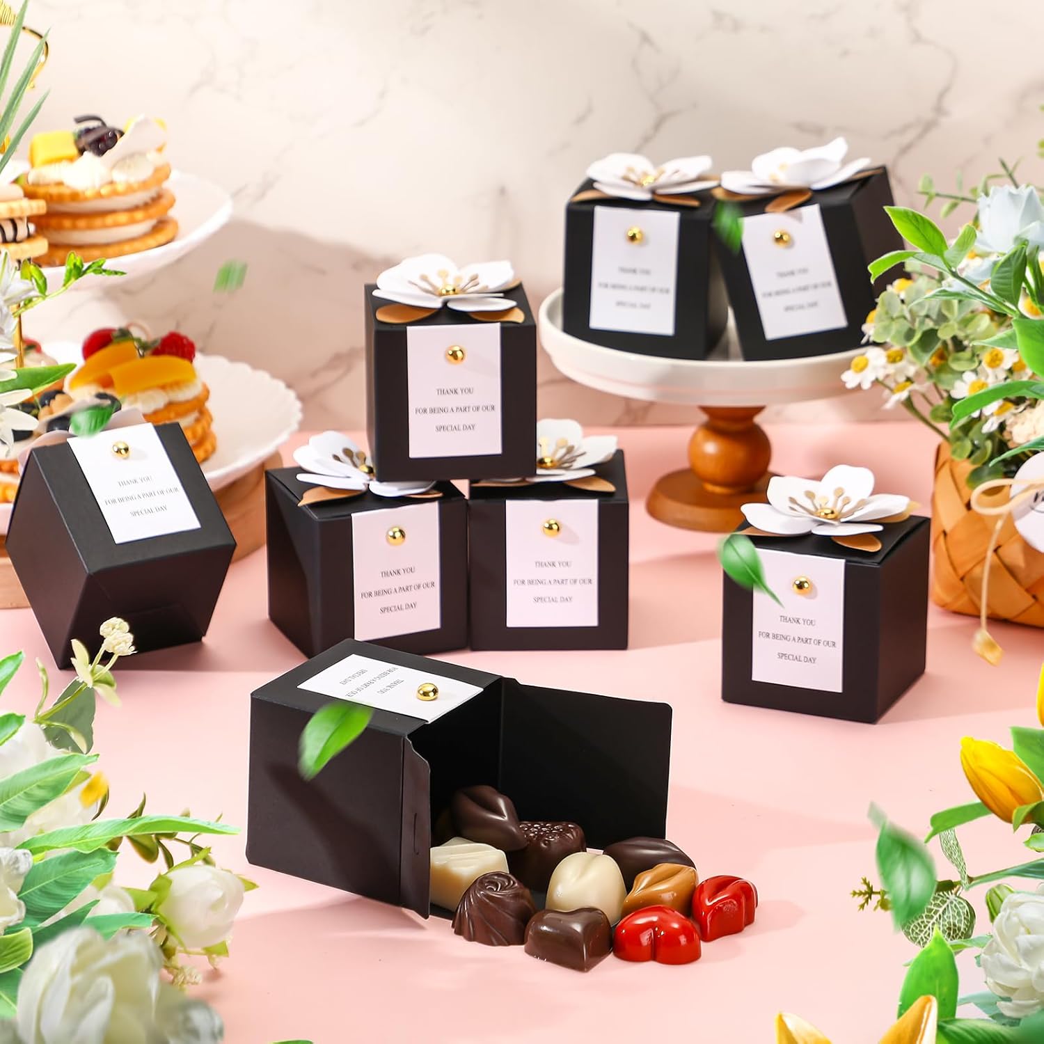 Affrolling 50 Pcs Wedding Favor Boxes with Thanks Card Square Flower Candy Boxes Paper Bridal Gift Box for Guests Wedding Bridal Shower Birthday Party Anniversary(Black) - Image 3