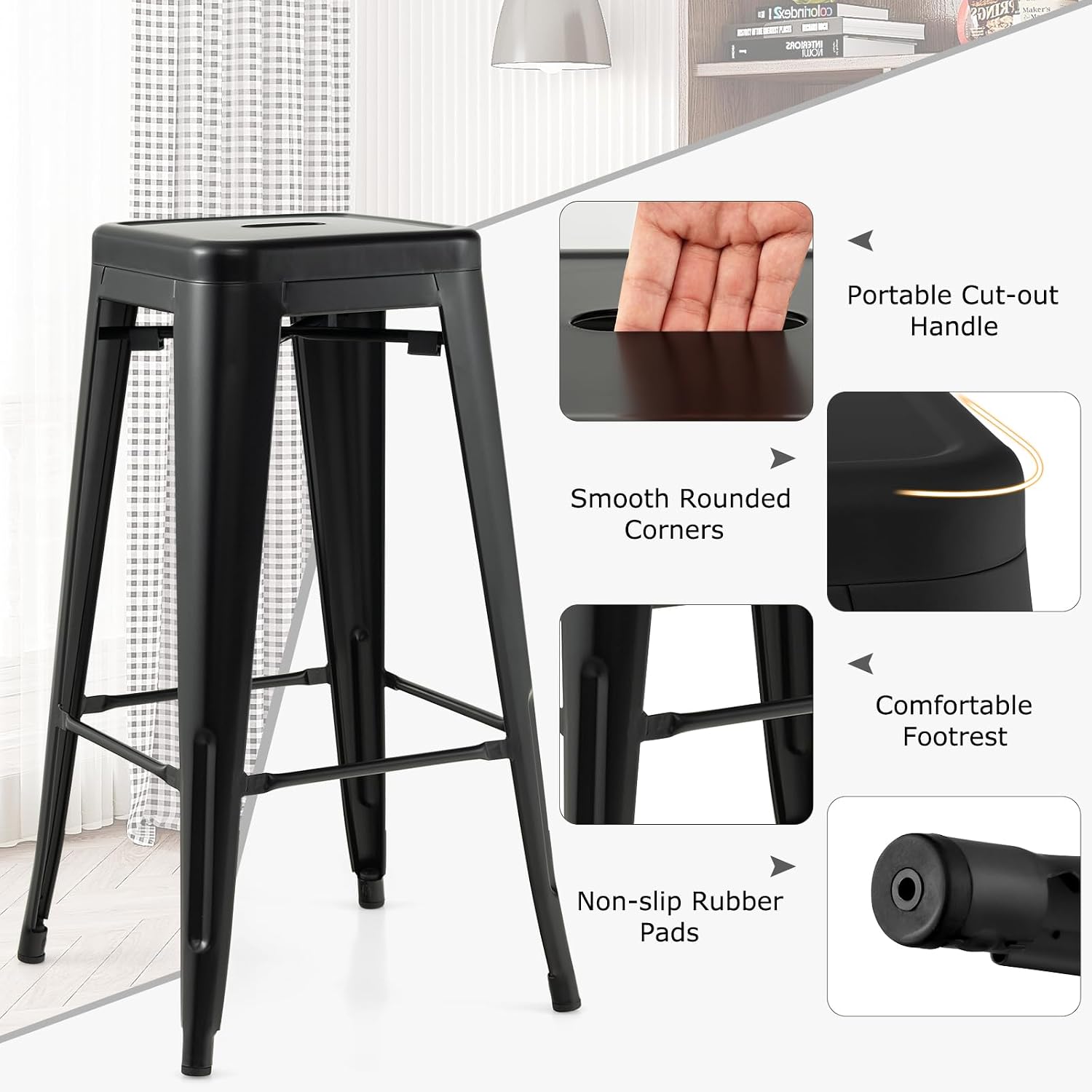 Giantex Metal Backless Bar Stools Set of 4, 30" Bar Height Modern Industrial Barstools w/Cut-Out Handle, Footrest, Rubber Foot Pads, Stackable Bar Dining Chairs for Kitchen Island, Black