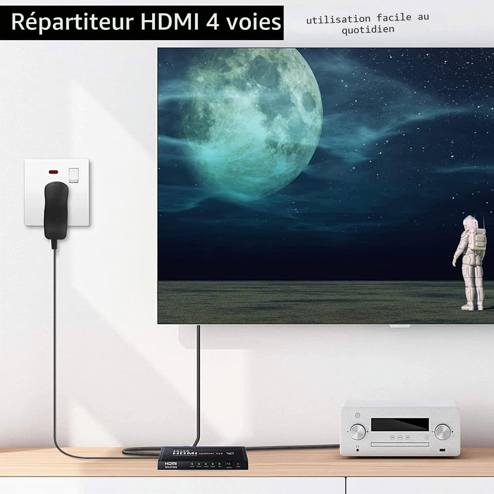 1x4 Splitter HDMI,Ozvavzk Répartiteur HDMI 3D 1 Entrée 4 Sorties Distributeur HDMI Soutien 4K Supporte PC Box HDTV DVD Multimédia Écran Projecteur