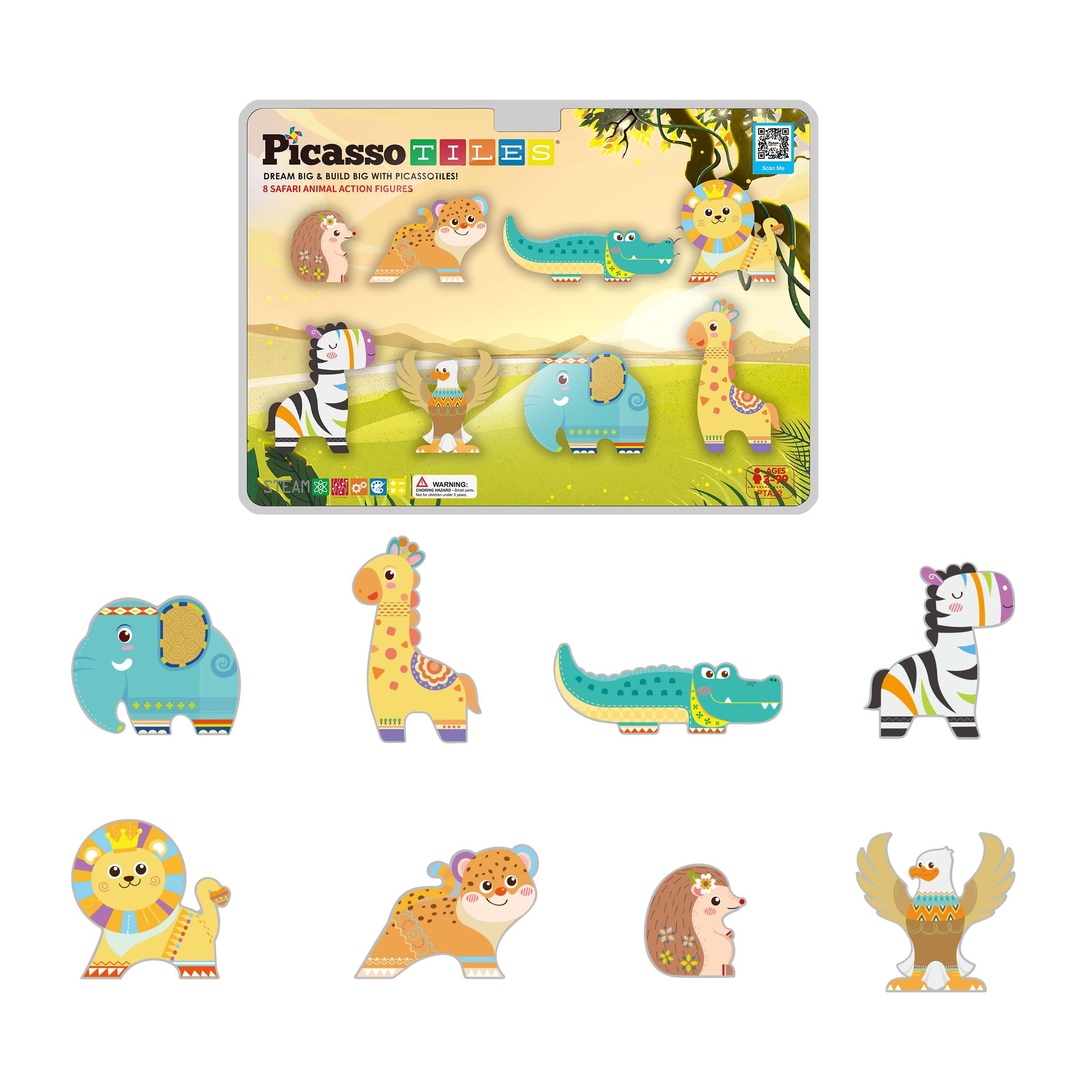 PicassoTiles Set di giocattoli magnetici, 8 animali safari, action figure magnetizzate, compatibili con giocattoli magnetici di montaggio, costruzione e mattonelle, accessori STEAM, dai 3 anni in su