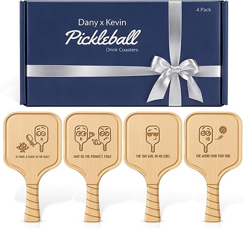 Miniatura 8 de Juego de 4 posavasos de paleta de pickleball – Regalo ingenioso para amantes del pickleball, hombres y mujeres – Madera de abedul premium, Set de