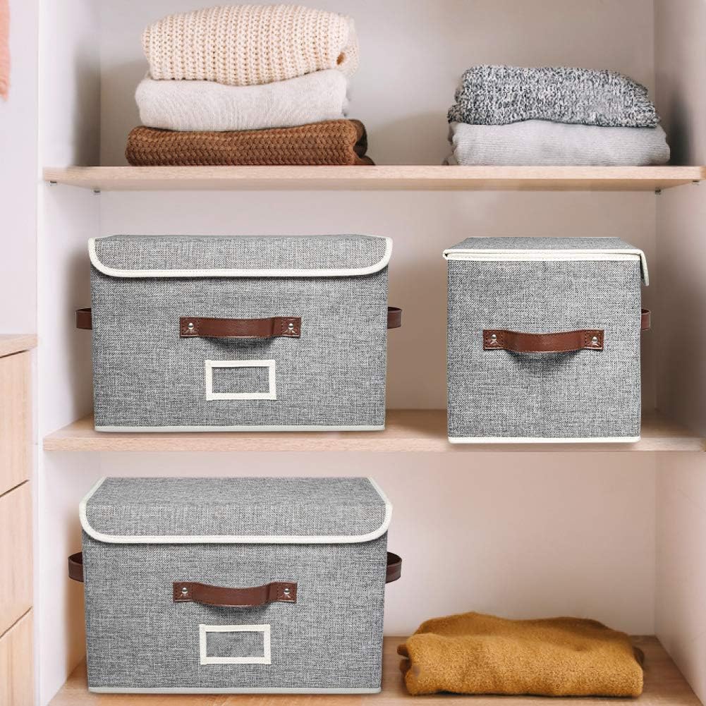 Sofier Storage Boxes with Lids 3 Pack Foldable Storage Bins with 3 Handles and Label Sturdy Decorative Fabric Baskets for Shelves Toys Books Clothes Organizer (Gray)