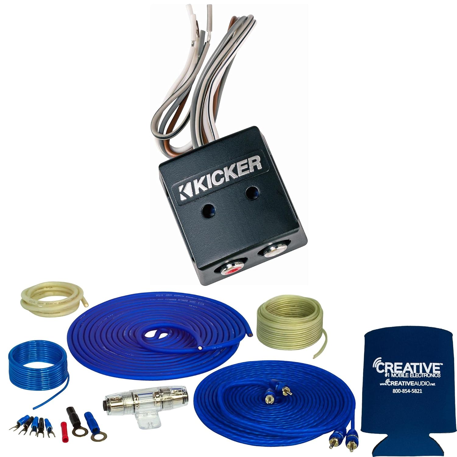 STINGER SS600XS 8GA Copper 600W Complete Amplifier Wiring Kit with Kicker 46KISLOC 2-Channel Line Output Converter, 8 AWG