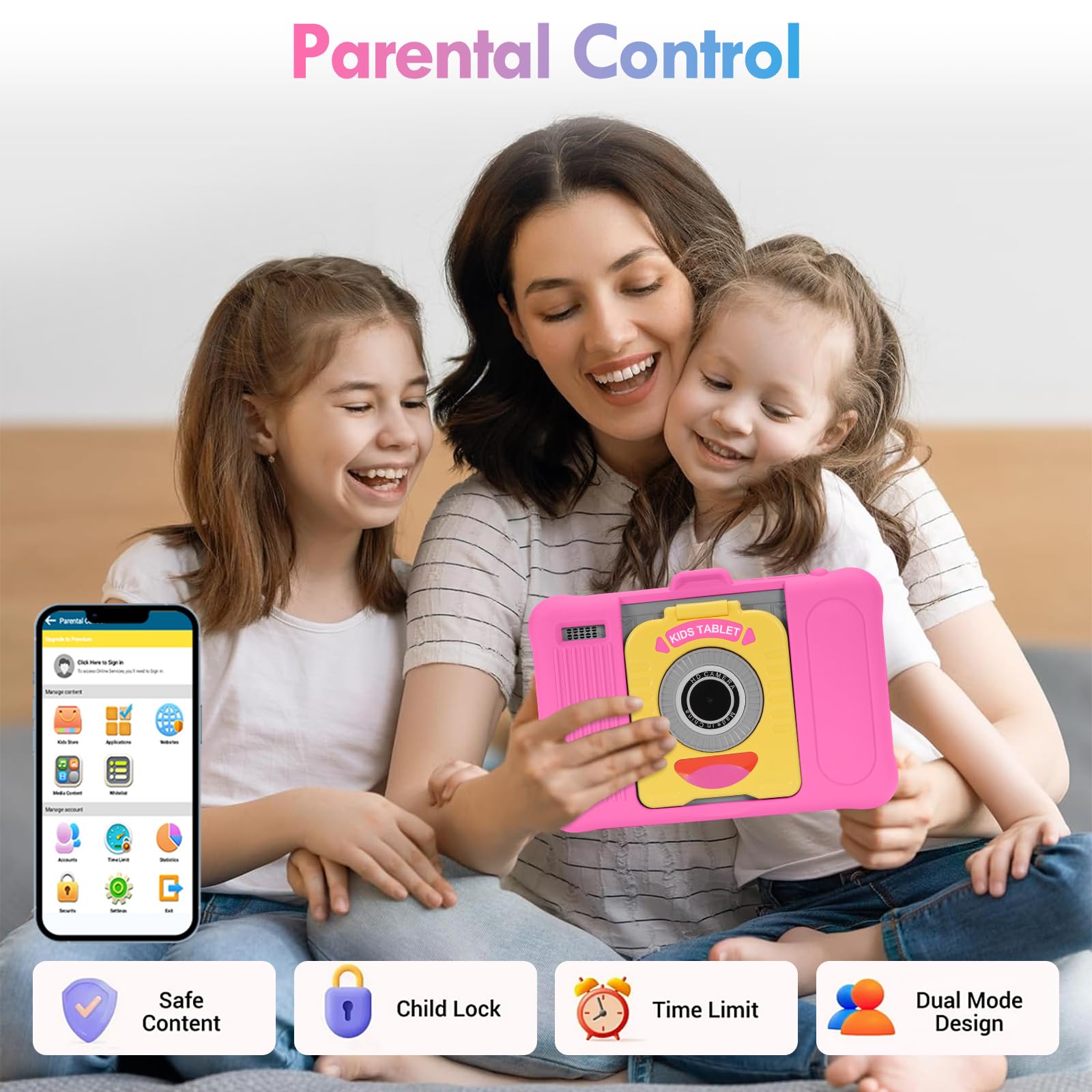 Tablette Enfants 7 Pouces Android, RAM 8 (3+5) Go, ROM 64 Go (TF 128 Go), GMS Certified, Apps Pré-Installé, Éducative, Contrôle Parental, WiFi, Kid-Proof Étui avec Support réglable (Rose)