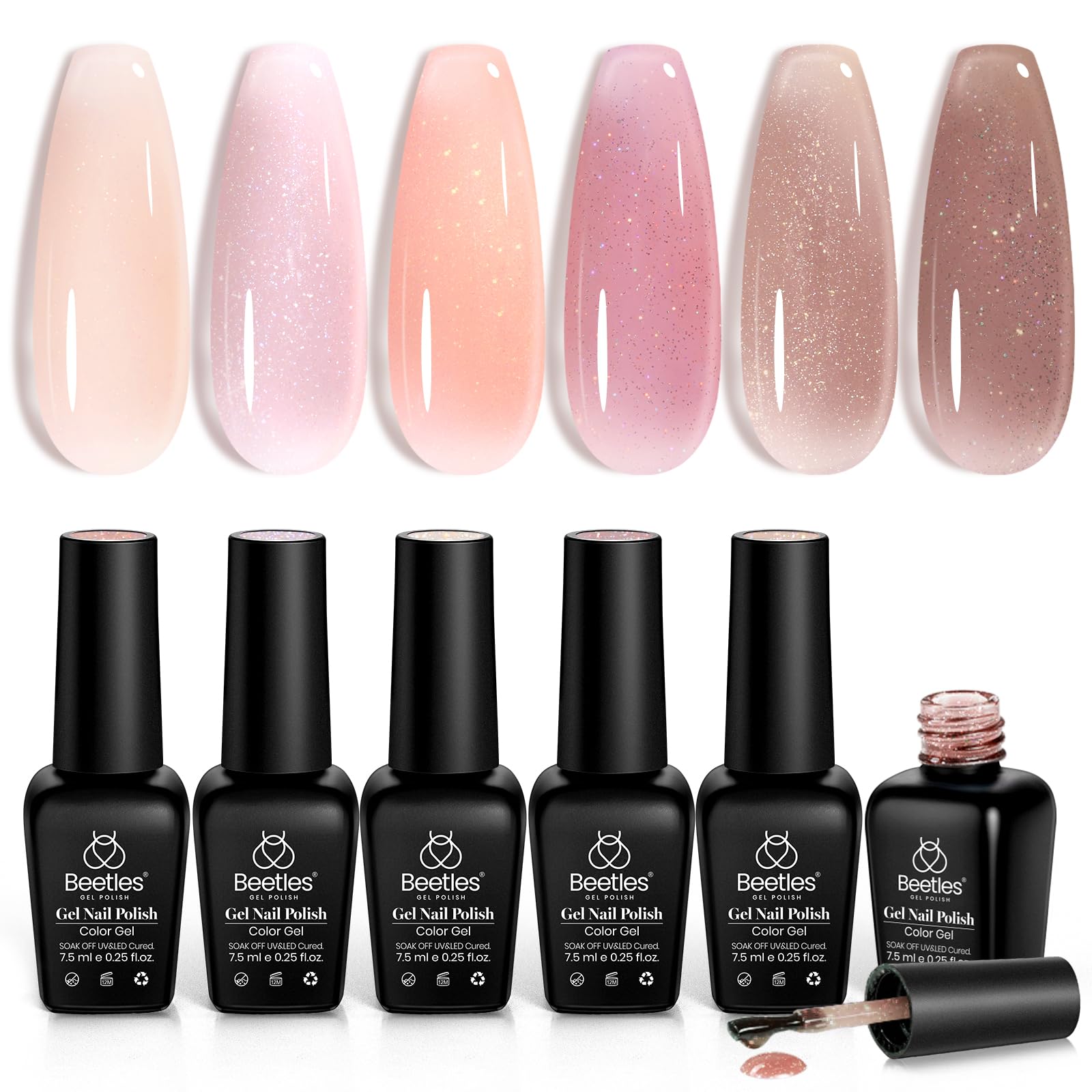 Beetles Gel Polish 6 Pcs Jelly Shimmer Giltter Nails Lady with Dreams Collection Transparent Pink Biege Summer Gel Nail Art Soak Off Nail Lamp Needed Diy Neutral Nail Art Manicure…