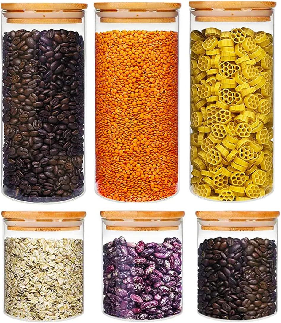 MAMATOONS 6Pack Glass Storage Jars with Airtight Bamboo lids, Food