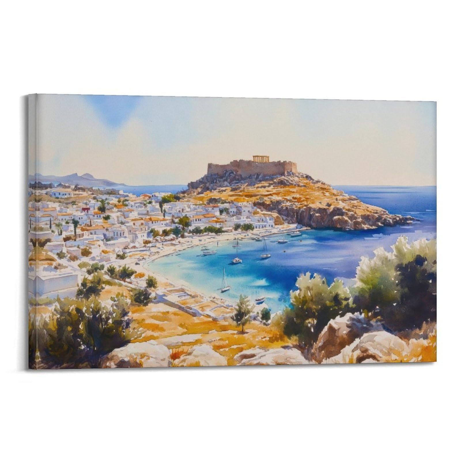 xiaoxiaoshen Lindos Travel Rhodes Greece Coastal Village Landscape Scenic Greek Island Canvas Poster Wall Art Prints Room Aesthetic Murals Bedroom And Living Decorations 20x30inch(50x75cm)