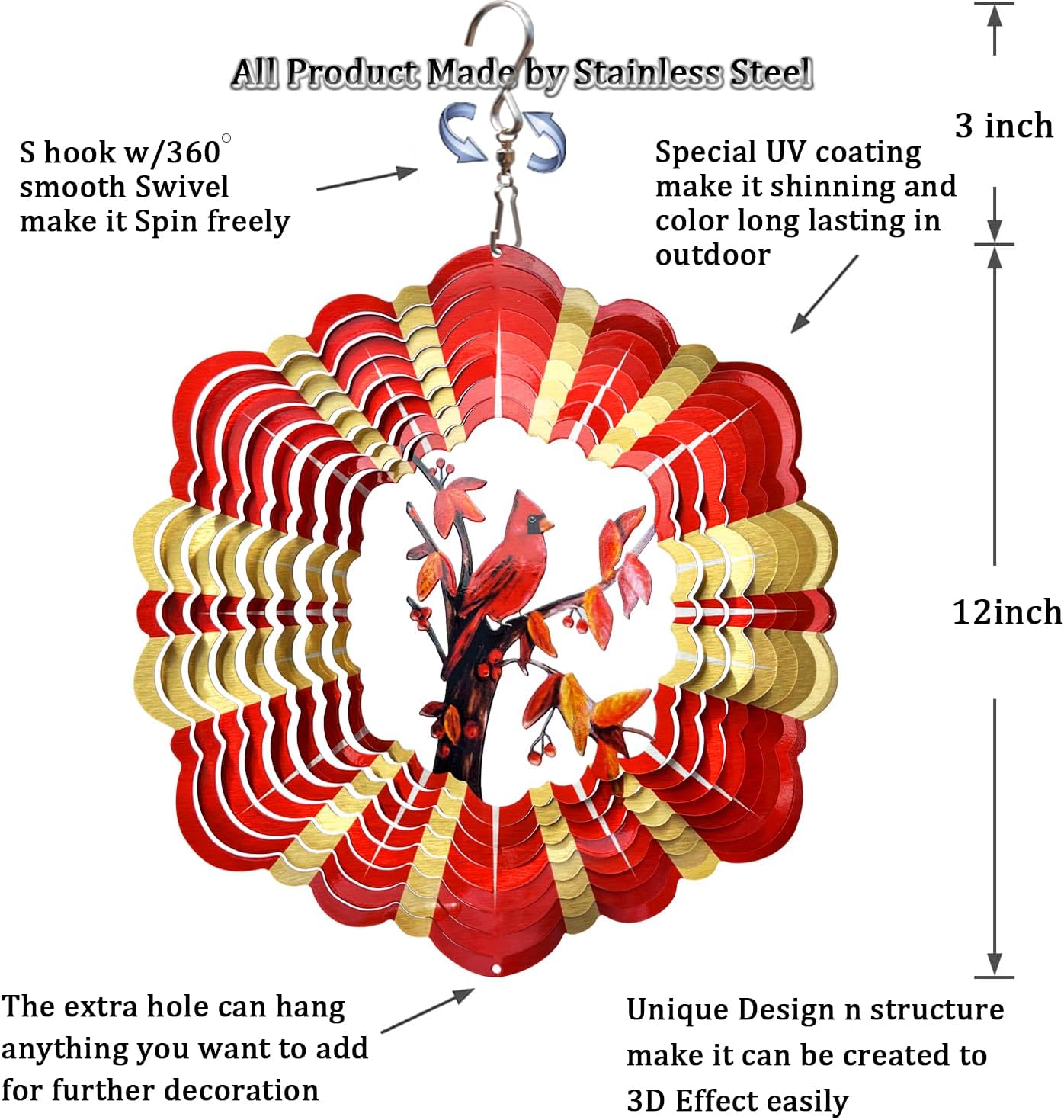 FONMY Cardinal Wind Spinner Mandala 3D Stainless Steel Hanging Wind Spinners Worth Gift Christmas Decoration Indoor/Outdoor Garden Décor Kinetic Yard Art 12 Inches Multi Red Wind Sculpture