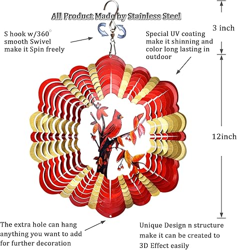 Miniatura 5 de FONMY Cardinal - Molinillo de viento colgante de acero inoxidable 3D, diseño de mandala, decoración de Navidad, decoración de jardín para interiores