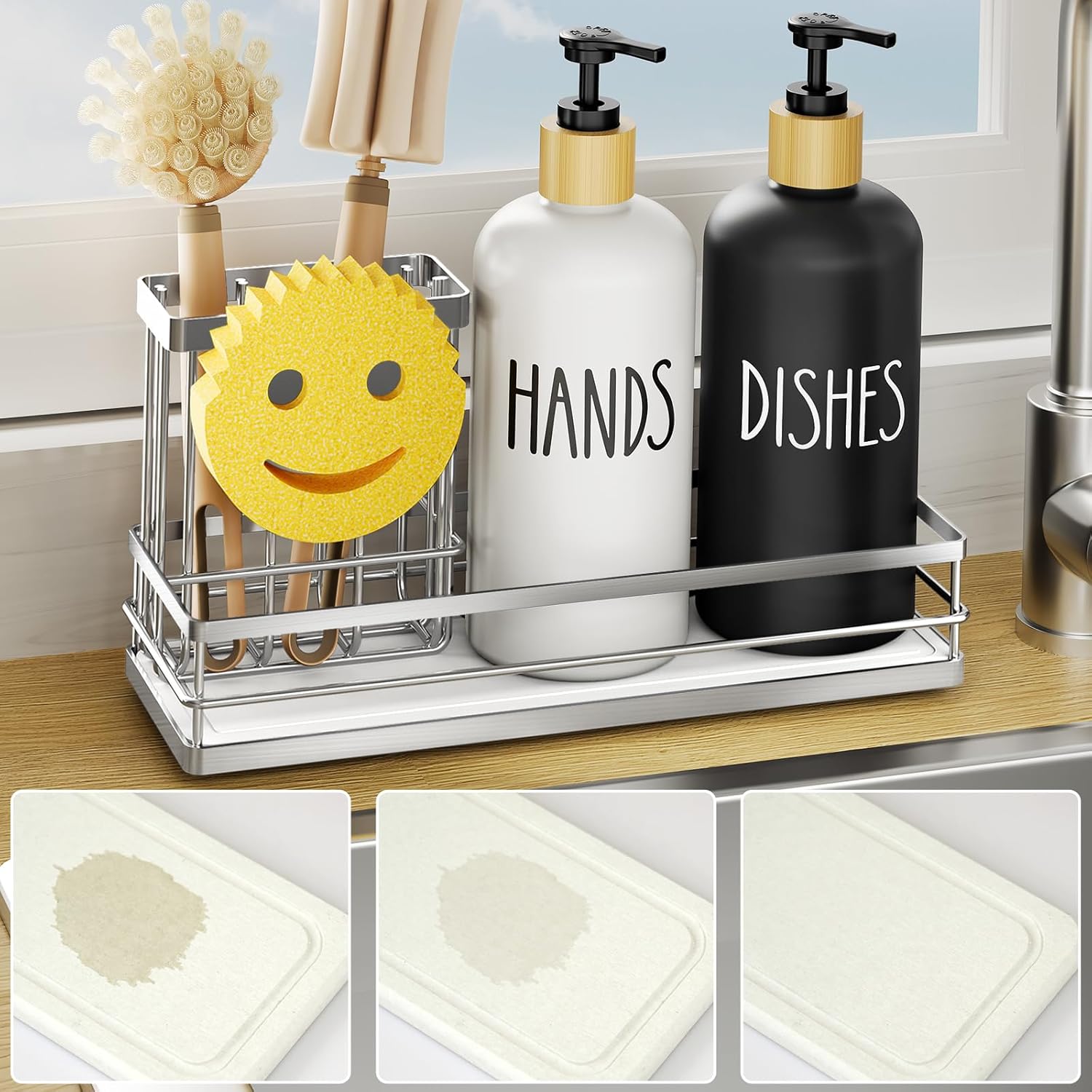 Moforoco Kitchen Dish Soap Dispenser Set, 16OZ Glass Bottle, Hand and Dish Soap Dispenser Set, Instant Dry Tray, Non-Slip Silicone Pad, Brush Holder with Smiley Face Sponge Holder, Kitchen Decor Silver Tray & Black White Bottle