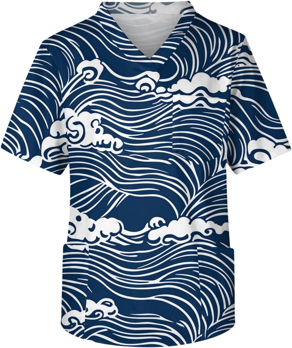 Men's Scrubs Top Short Sleeve Printed Athletic Fit Uniform Scrub Shirt with Pockets