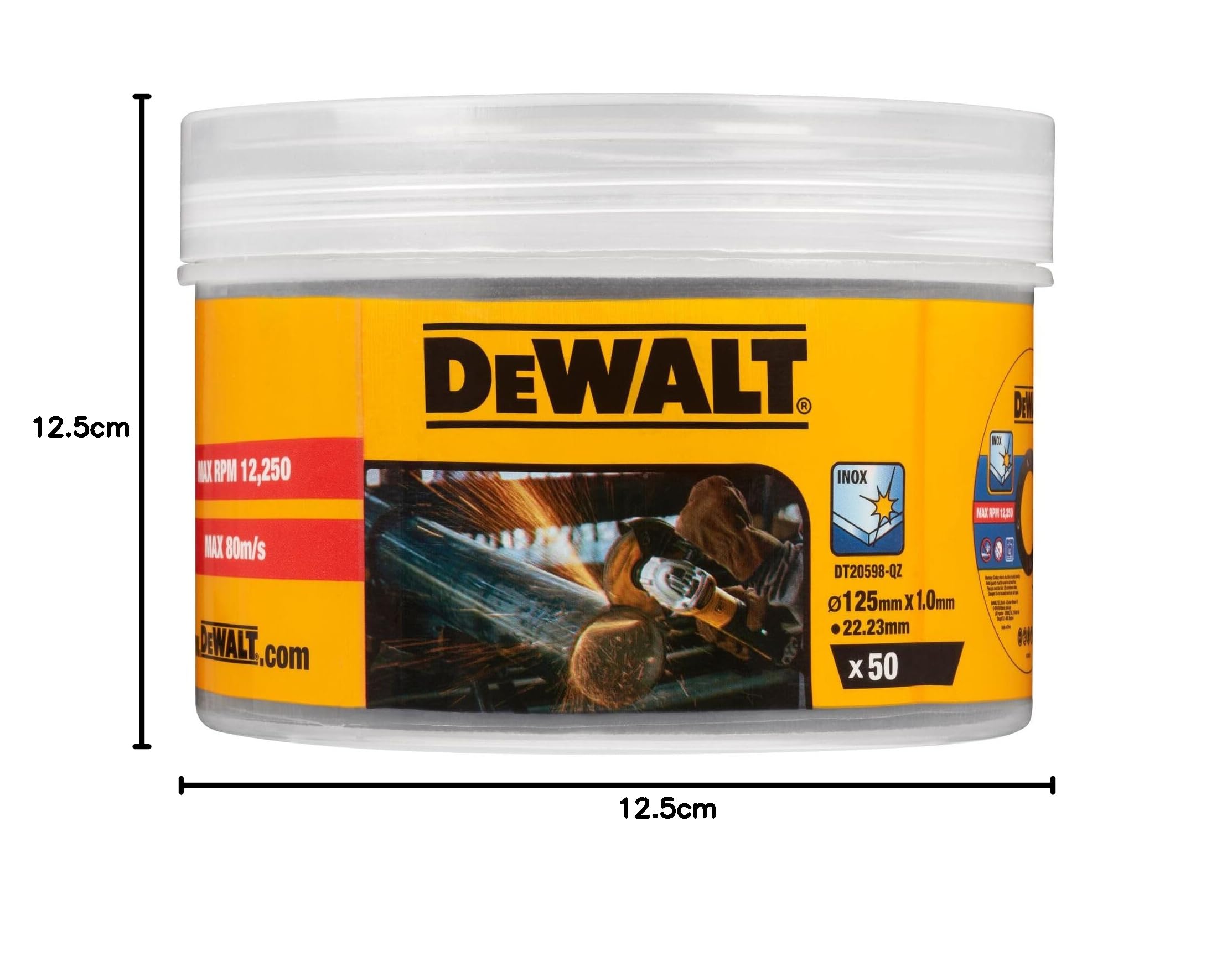Dewalt Disco da taglio in acciaio inox DT20598-QZ (diametro 125 mm x 1,0 mm, per tagli veloci e puliti, per smerigliatrice angolare), 50 pezzi in secchio