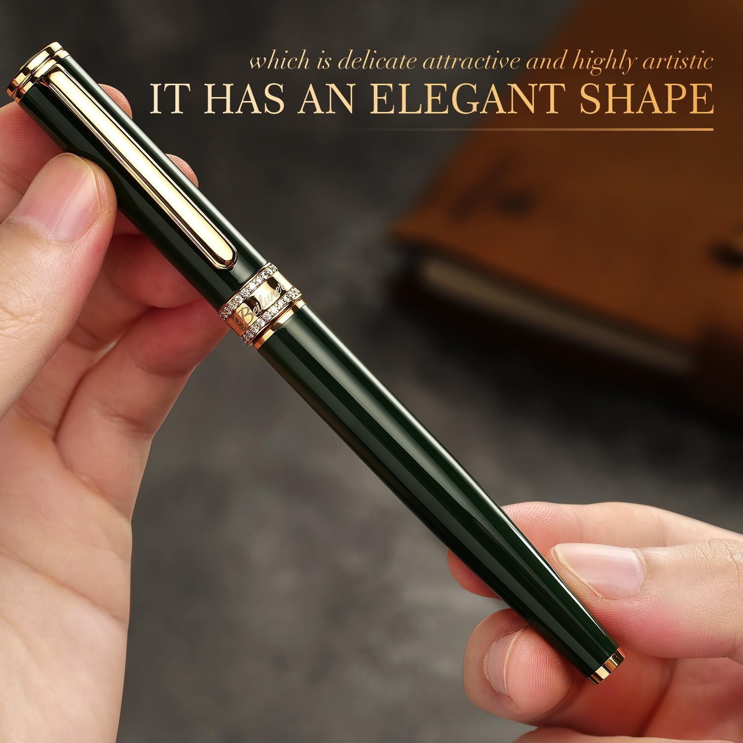 BEILUNER Green Lacquer Rollerball Pen, Diamond-Studded Cap Design, 24K Gold Trim, Noble and Elegant, Schneider Ink Refill, Best Pen Gift Set for Women & Men, Professional, Business Office, Nice Pens