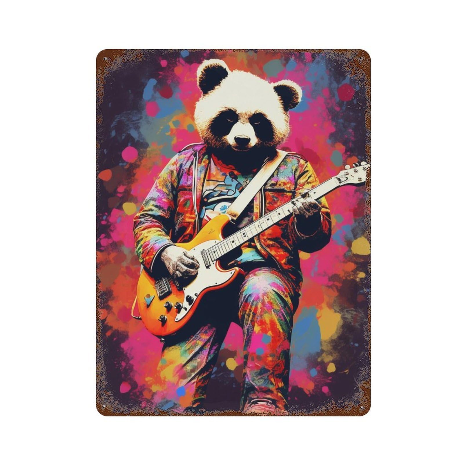 Panda Playing Guitar Art Print Rusty Metal Tin Sign 15.7"x11.8", Rustic Home Decor for Garage, Pub Or Kitchen