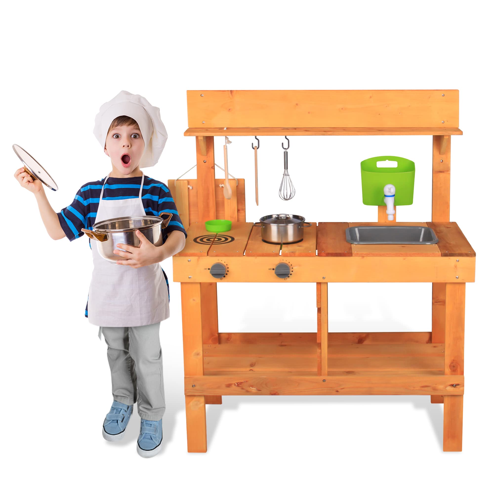 AOPARTS Kids Wooden Kitchen Play-Set, Outdoor Mud Kitchen Pretend Play with Kitchenware, Faucet, for Kids 3+ Years Old, Backyard Kids Play - CPC Certificate, MZCF
