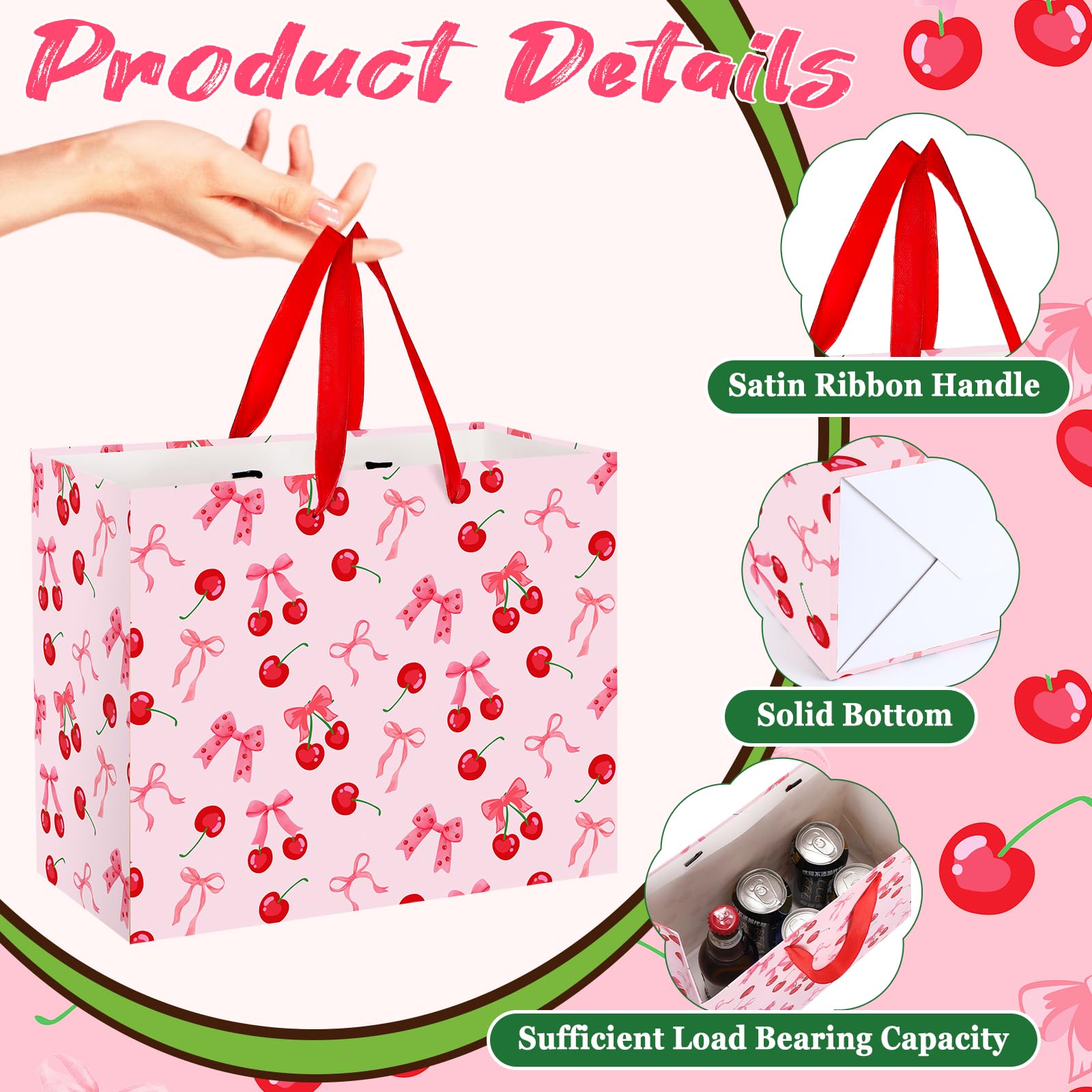 Cherry Birthday Party Gift Bag, Coquette Cherry Bow Wrapping Bag with Tissue Paper and Card Bow Fruit Themed Wrapping Paper for Girls Kids Teens Baby Shower Women Birthday Party Favors