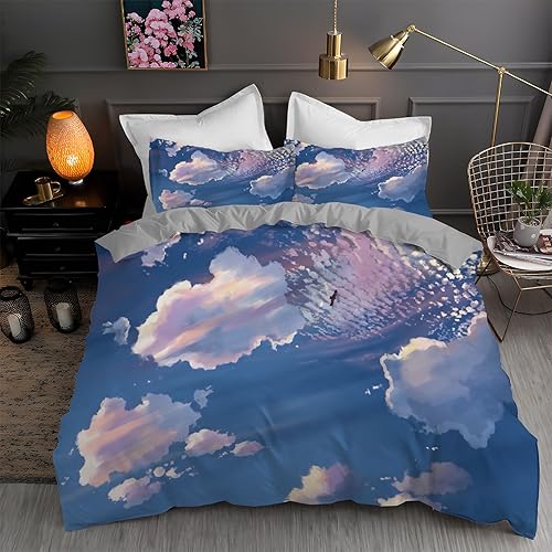 Sky King Duvet Cover Clouds Print King Bedding Set Soft Microfiber Comforter Cover and 2 Pillow Shams 20"X36", Bed Set Duvet Covers with Zipper for