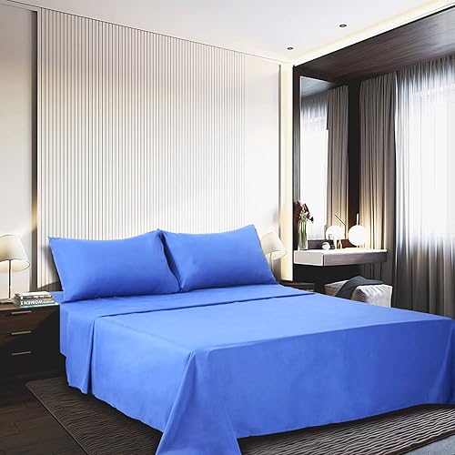 Miniatura 2 de Juego de sábanas de algodón de 400 hilos tamaño matrimonial (color azul) 4 piezas, juego de sábanas 100% algodón de fibra larga, juego de sábanas de