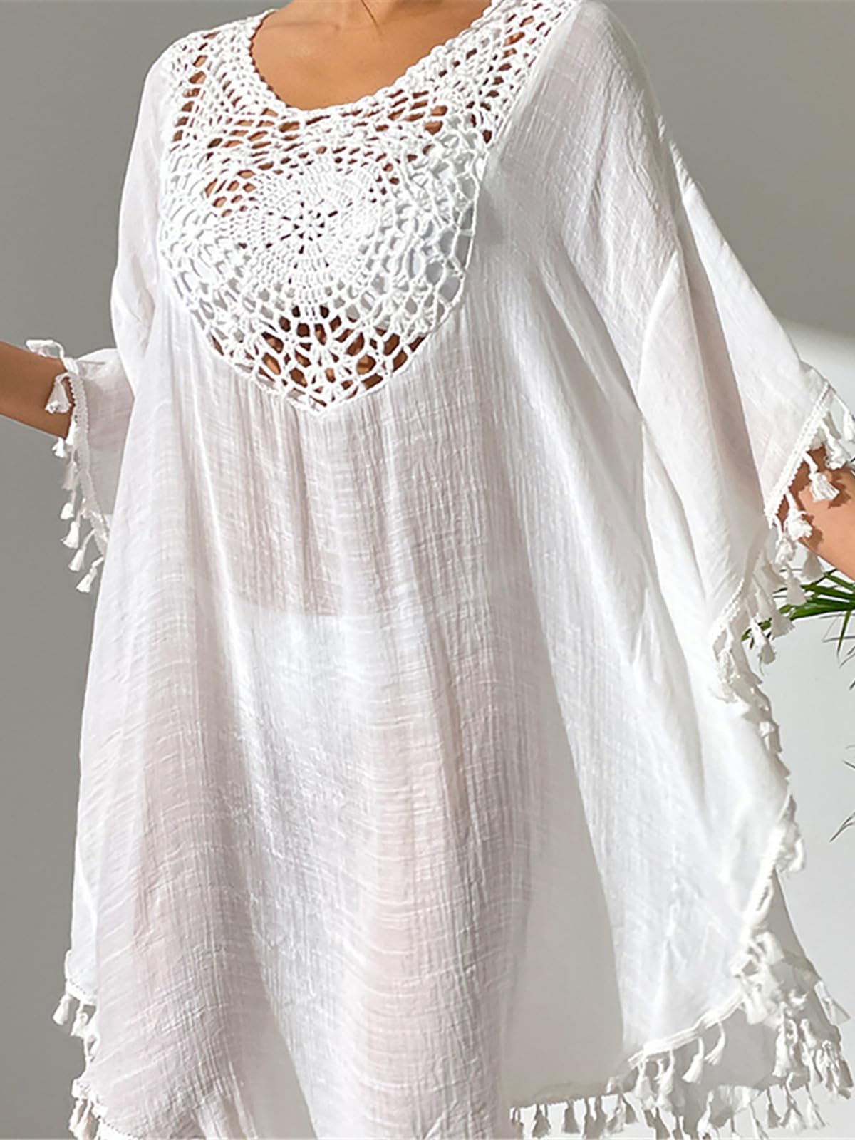 Strandkleid Fringe Tassel Embroidery Half Sleeve Tunic Beach Cover Up Cover-ups Long Beach Dress Beach Wear Beachwear Female Women Strandkleider(Orange)