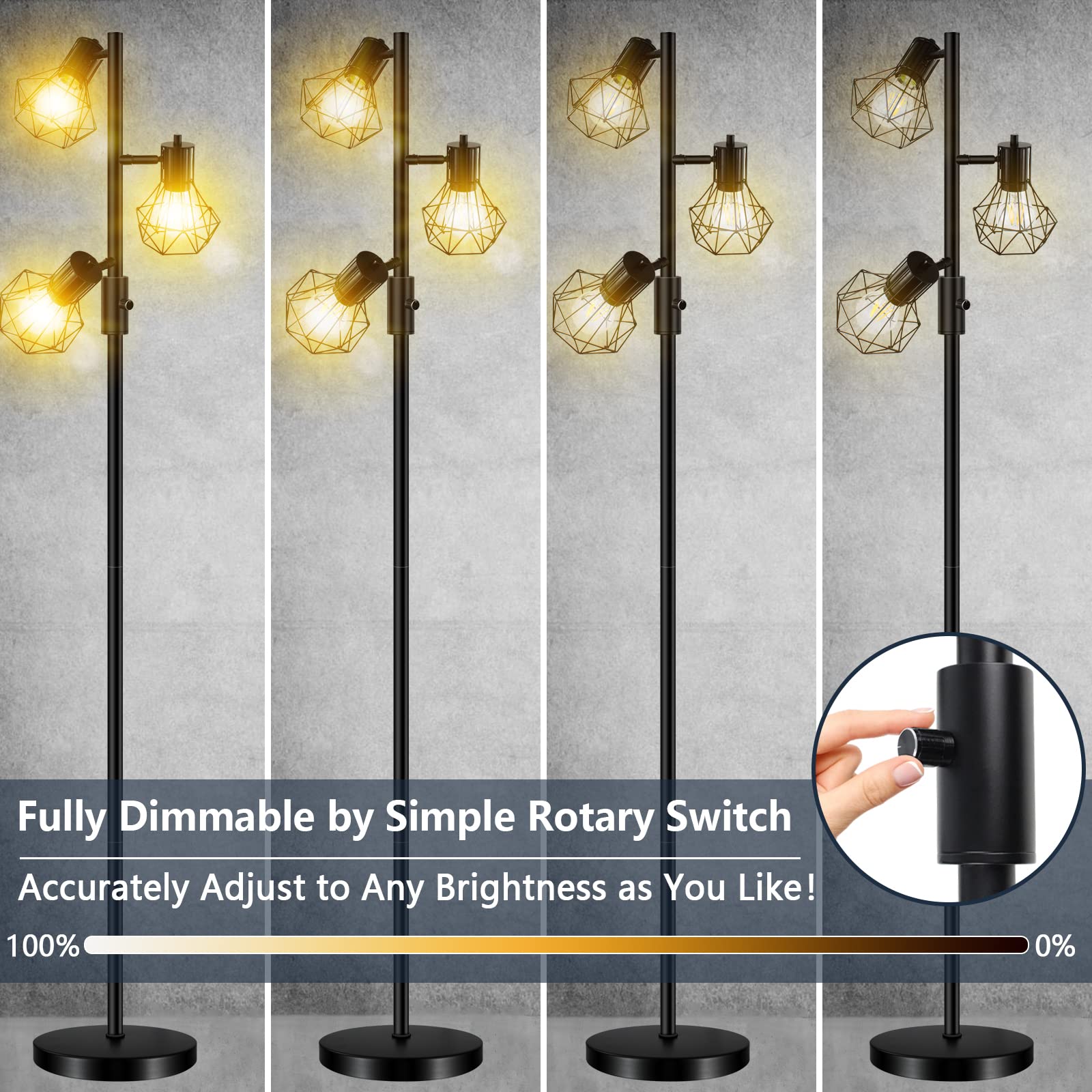 HiBay LED Stehlampe Dimmbar,Industrial Rustikale Stehleuchte 3 Flammig Schwarz Standlampe mit 3x8W 800LM E27 Lampe Leselampe für Wohnzimmer, Schlafzimmer, Büro