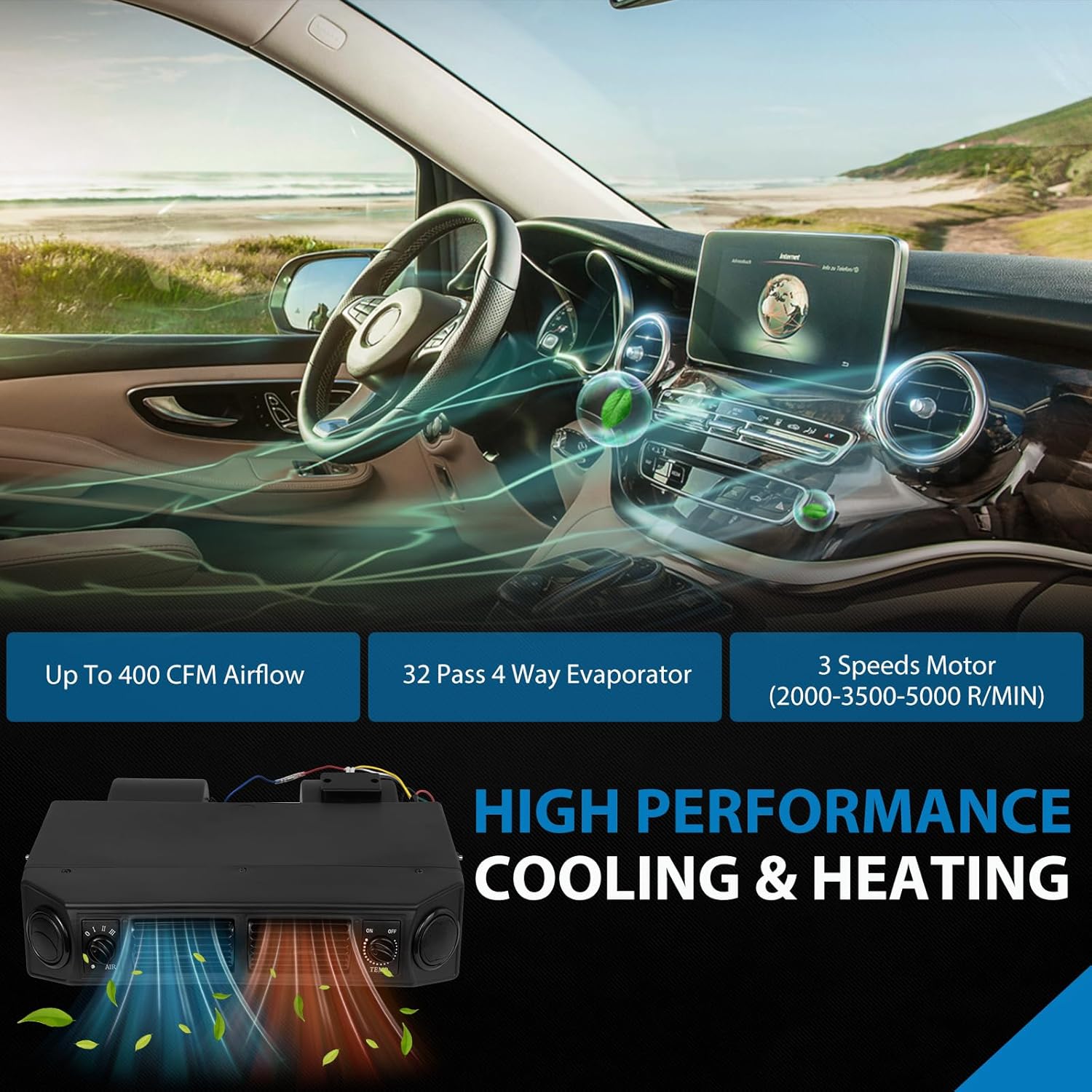 Universal Under Dash Electric Air Conditioner Heating and Cooling 12 Volt DC 10000 BTU A/C Unit Kit, AC Heater System with Evaporator Condenser Compressor for Car RV Van Truck ATV Pickup Tractor