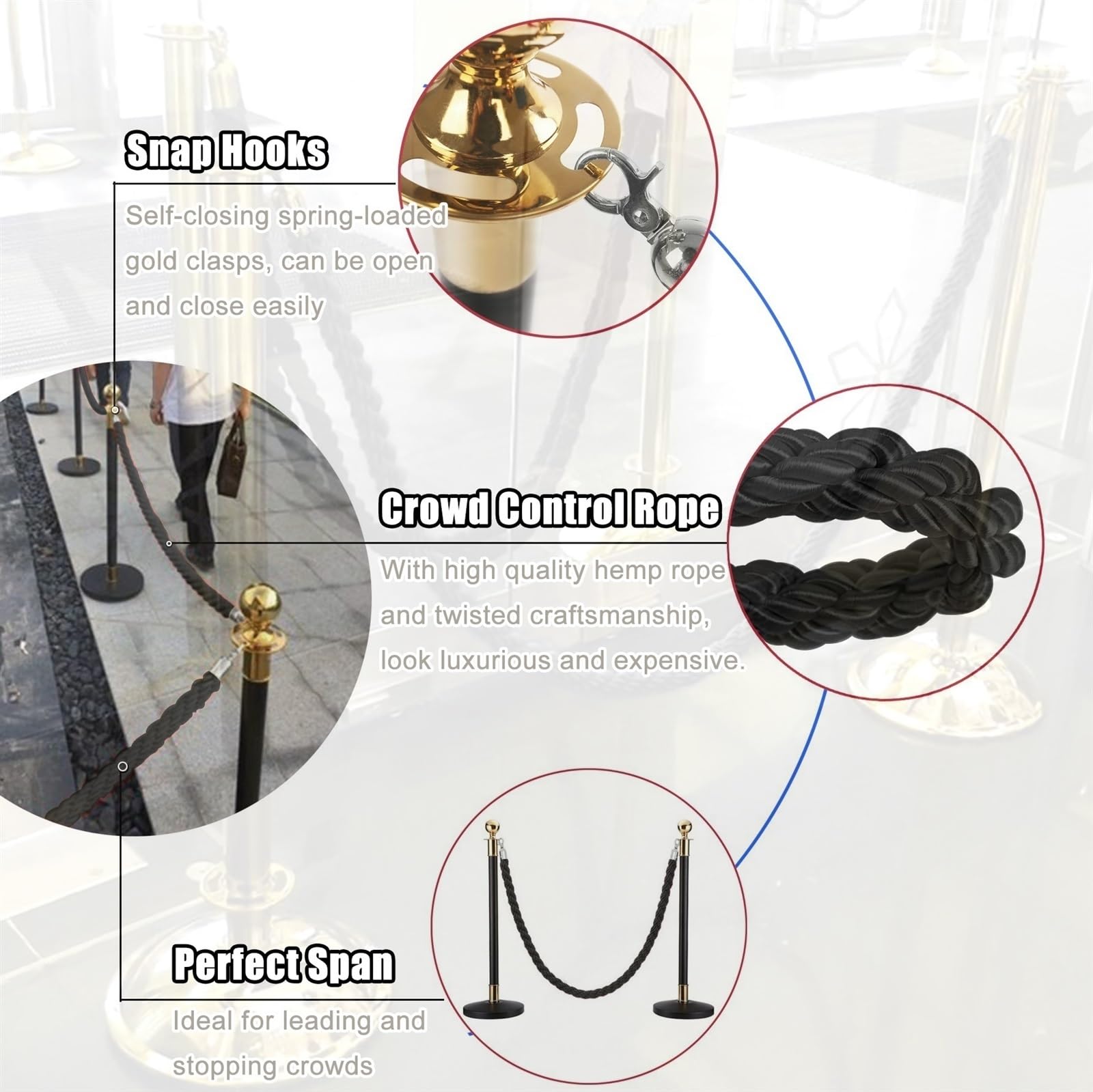 Bariery ze skrętnej liny słupkowej Czarna pleciona lina konopna z polerowanymi metalowymi haczykami do kontroli tłumu, przegroda kolejki,(Silver Hook,8ft/245cm)