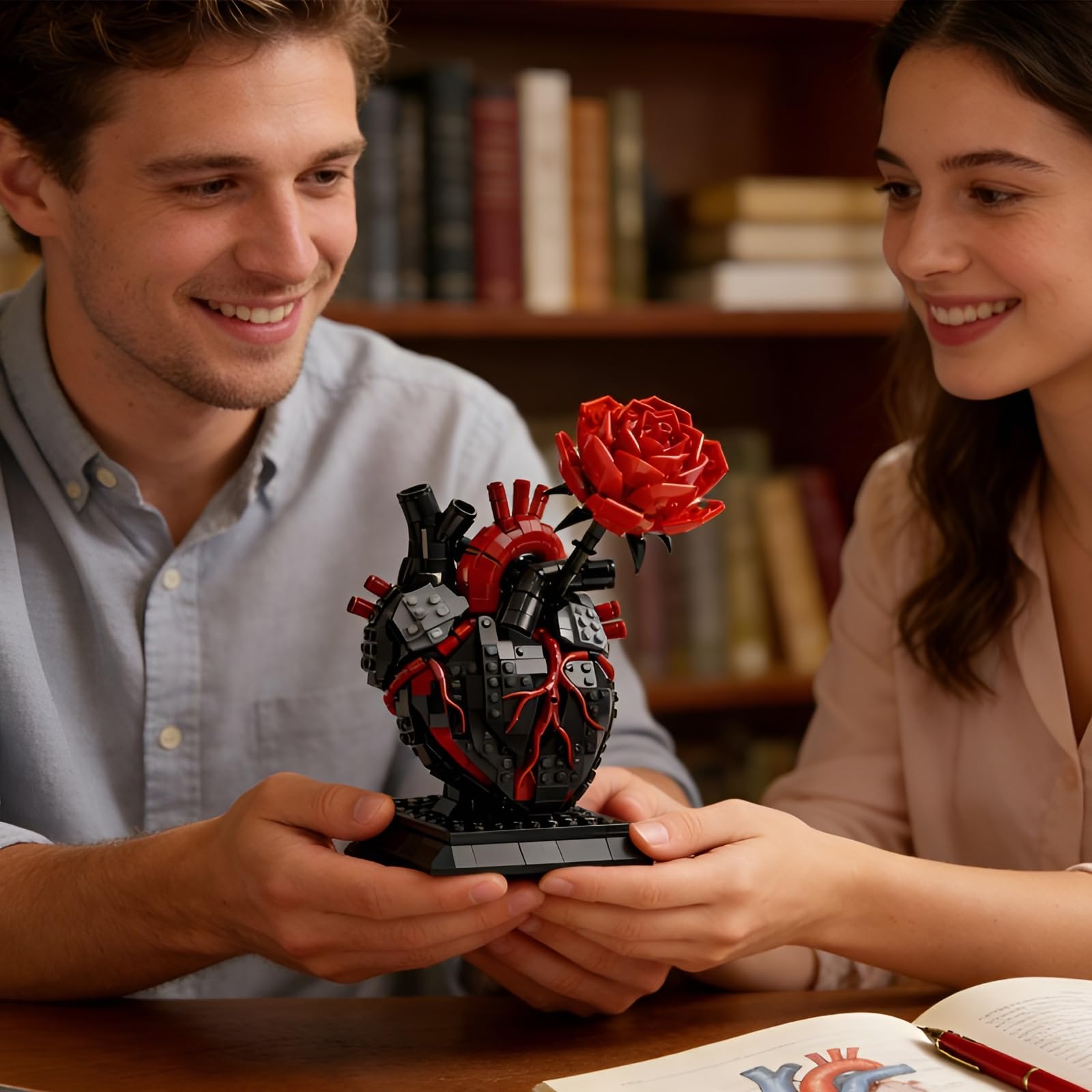Set di mattoncini da costruzione a forma di cuore gotico con rosa – fiori romantici scuri modello desktop, collezione botanica MOC, kit di blocchi di San Valentino e regalo di anniversario per adulti